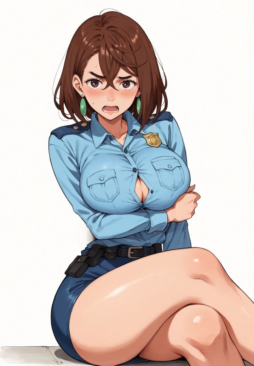 ai_generated alluring almost_naked almost_nude ayase_momo blush brown_eyes brown_hair dandadan earring earrings looking_at_viewer police police_officer police_uniform policewoman seducing seduction seductive seductive_body seductive_eyes seductive_gaze seductive_look seductive_mouth seductive_pose shiny_hair shiny_skin short_hair shoulder_length_hair skin_tight skintight skintight_clothes skintight_clothing thick_thighs voluptuous voluptuous_female yashin