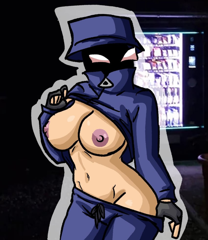 belly belly_button blue_clothing blue_hat breasts breasts_out chetoh exposing exposing_self female female_focus female_only gloves hat hidden_face lowered_pants ninja nipples oc original original_character pink_nipples raised_clothing real_background tagme vending_machine white_eyes