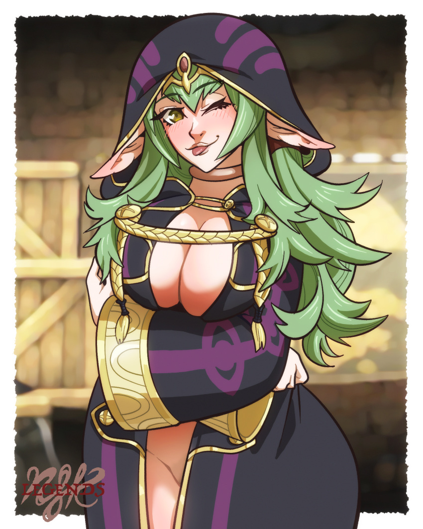 arms_crossed barely_clothed blush boyfriend_shirt breasts fire_emblem fire_emblem_awakening hood_up hoodie large_breasts legendsnjk long_hair looking_at_viewer one_eye_closed oversized_clothes pointy_ears smile tiki_(adult)_(fire_emblem)