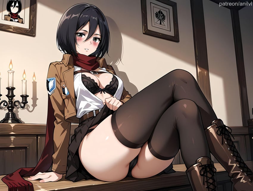 1girls ai_generated anilvl arm_support ass attack_on_titan bangs belt black_bra black_eyes black_hair black_panties black_skirt black_thighhighs blush boots bra breasts brown_footwear brown_jacket cameltoe candle candlestand cleavage clothes_lift cropped_jacket cross-laced_footwear crossed_legs emblem eren_jaeger hair_between_eyes indoors jacket knee_boots lace-trimmed_bra lifted_by_self long_sleeves looking_at_viewer medium_breasts mikasa_ackerman miniskirt open_clothes open_jacket open_shirt panties paradis_military_uniform parted_lips photo_(object) pleated_skirt pov red_scarf scarf shirt short_hair sitting sitting_on_table skirt skirt_lift smile solo survey_corps_(emblem) table thighhighs thighs training_corps_(emblem) underwear white_shirt