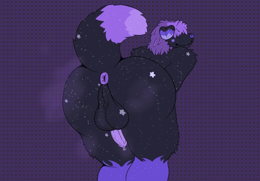 anthro anus ass balls big_balls big_butt bodily_fluids canid canine canis digital_media_(artwork) dipstick_ears dipstick_tail domestic_dog dripping ear_markings erection fur genital_fluids genitals goober_(jeeshai) grey_body grey_fur hair hi_res humanoid_genitalia humanoid_penis jeeshai looking_at_viewer looking_back male mammal markings multicolored_ears musk musk_clouds musky_butt nude penis pink_penis precum precum_drip presenting presenting_hindquarters purple_anus purple_ear_tips purple_hair purple_tail_tip simple_background solo tail tail_markings