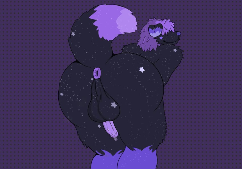 anthro anus artist_name(jeeshai) ass balls big_balls big_butt bodily_fluids canid canine canis digital_media_(artwork) dipstick_ears dipstick_tail domestic_dog dripping ear_markings erection fur genital_fluids genitals goober_(jeeshai) grey_body grey_fur hair hi_res humanoid_genitalia humanoid_penis looking_at_viewer looking_back male mammal markings multicolored_ears nude penis pink_penis precum precum_drip presenting presenting_hindquarters purple_anus purple_ear_tips purple_hair purple_tail_tip simple_background solo tail tail_markings