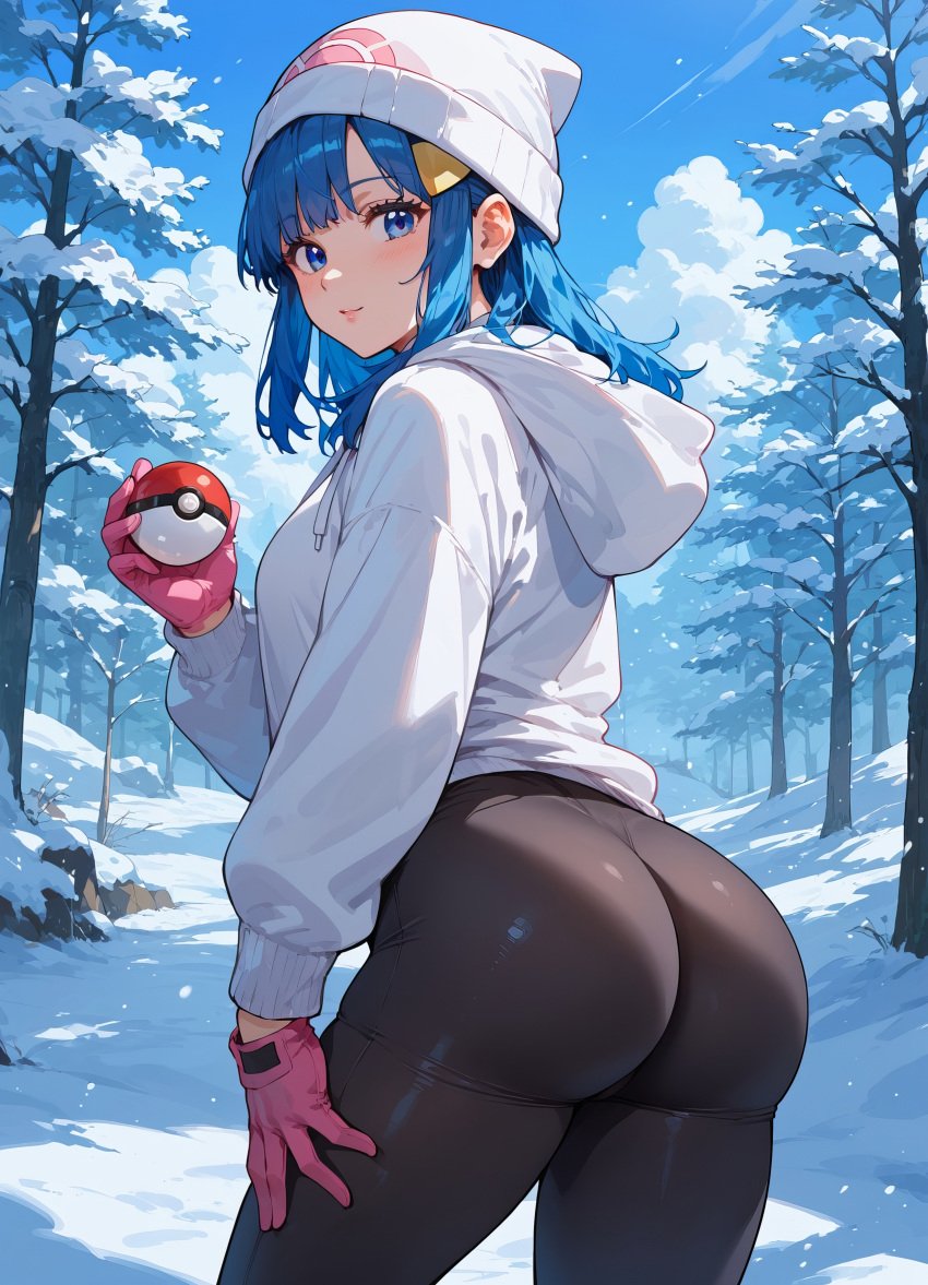 1girls ai_generated ass ass ass_cleavage blue_eyes blue_hair cap clothed clothed_female clothing dawn_(pokemon) eyebrows eyelashes female female_only gloves holding holding_object leggings looking_at_viewer pokeball pokemon solo solo_female standing sweater thighs winter