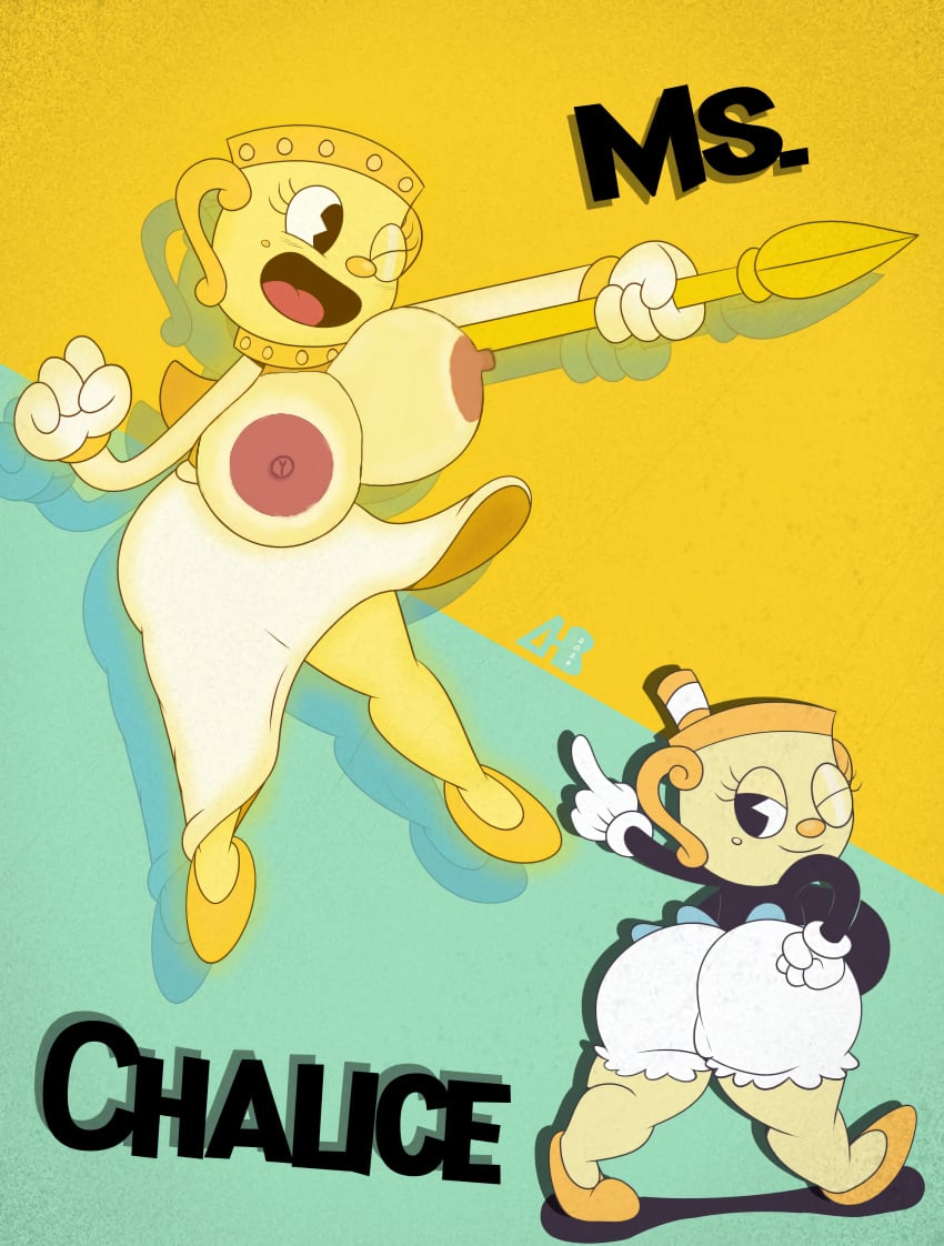 2girls backboob big_ass big_breasts casual casual_nudity clothed cuphead_(game) female female_only hiroberserk huge_ass huge_breasts legendary_chalice ms._chalice multiple_girls no_bra pussy_visible_through_clothes shortstack teasing visible_breasts