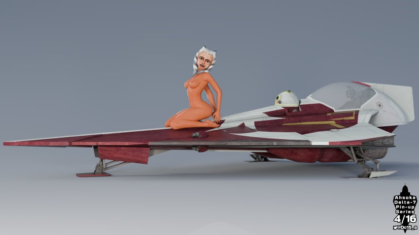 ahsoka_tano anthro astromech_droid breasts clone_wars dc15-a female female_only jedi jedi_padawan looking_at_viewer naked nipples orange_body orange_skin pinup pinup_(style) pinup_girls pinup_pose simple_background solo spaceship star_wars togruta