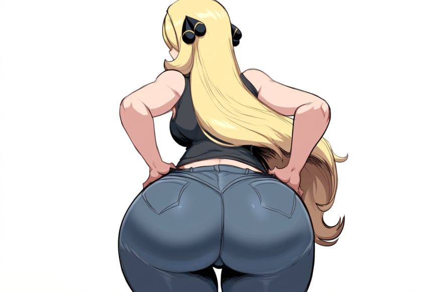 1girls ai_generated ass ass_focus big_ass cynthia_(pokemon) dat_ass female jeans mullon novelai pokemon pokemon_dppt solo that_ass_was_fat