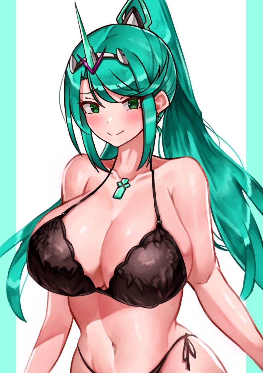 1female 1girls bikini black_bra blush bra breasts core_crystal core_crystal_(xenoblade) green_eyes green_hair hourglass_figure large_breasts lingerie looking_at_viewer looking_nervous nervous_smile oniisan02b pneuma_(xenoblade) xenoblade_(series) xenoblade_chronicles_(series) xenoblade_chronicles_2 yotsuhauni