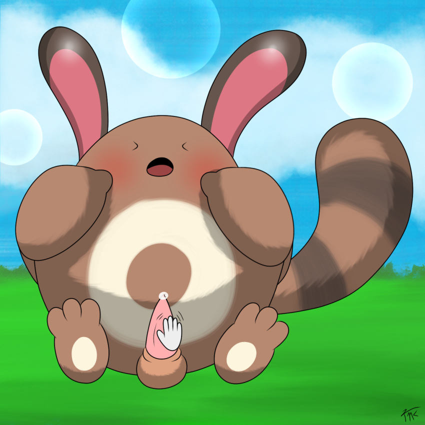 balls blush closed_eyes handjob hindpaw male male_only neitsuke nintendo open_mouth outside paws penis pokemon pokemon_amie precum sentret solo video_games