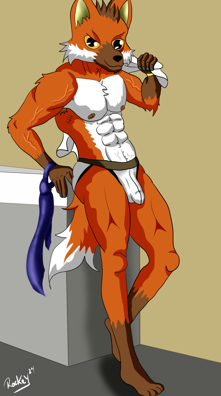 absurd_res anthro bulge canid canine clothing fox hi_res looking_at_viewer male mammal muscular nipples ookami plantigrade rockeythelombax solo underwear