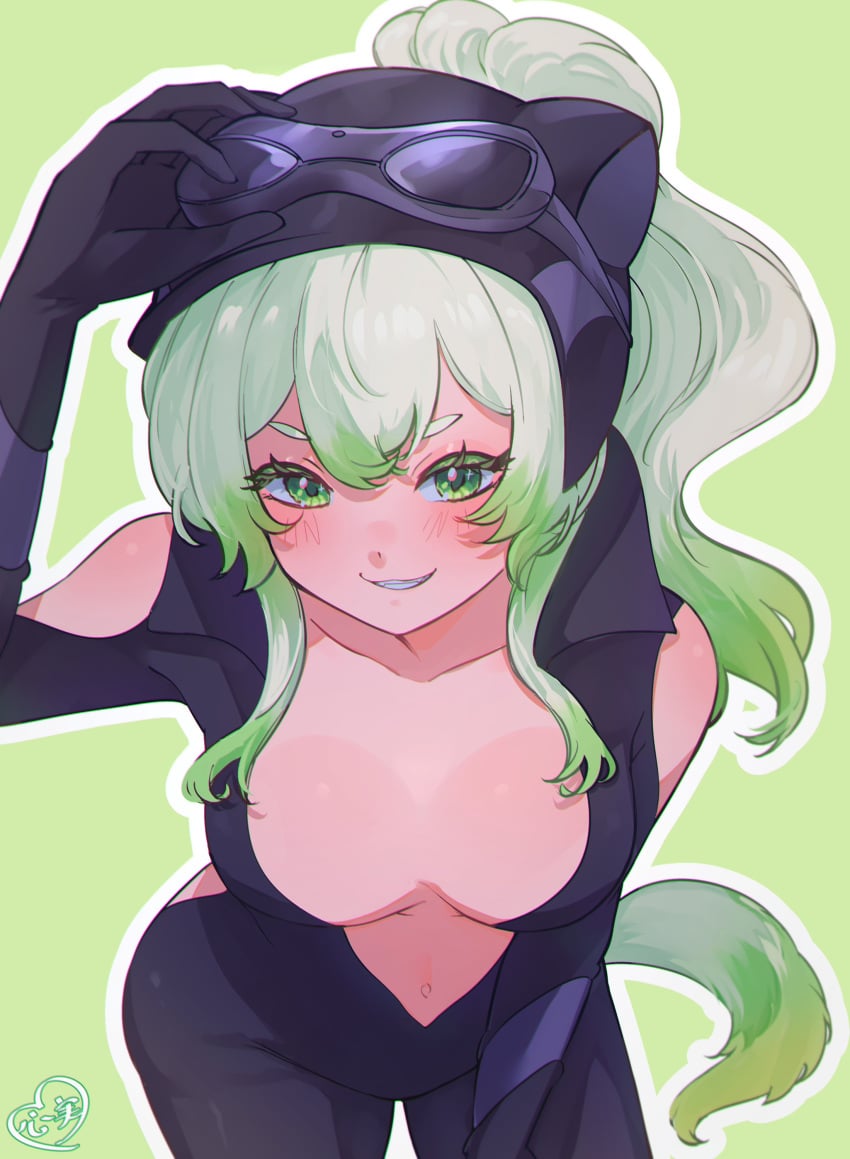 bodysuit boobs breasts cleavage cosplay ferret_girl goggles goggles_on_head gravity_rush green_eyes green_hair grin indie_virtual_youtuber k0k0midess laimu looking_at_viewer open_clothes petite ponytail smile tail virtual_youtuber vtuber