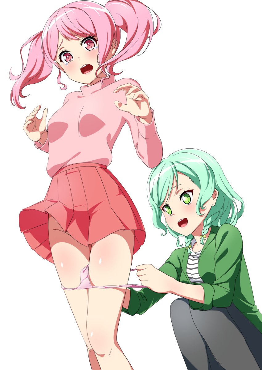 2girls assisted_exposure bang_dream! forced_exposure fully_clothed hakawa_hina maruyama_aya multiple_girls pantsing pink_eyes pink_hair sakamata_(sakamata4) short_hair skirt underwear yuri