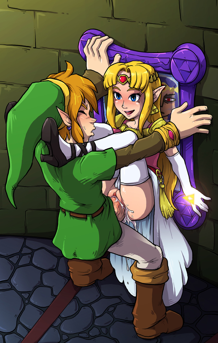 1boy 1girls a_link_between_worlds against_wall big_penis blonde_hair blue_eyes blush clenched_teeth clitoris closed_eyes clothed clothed_sex cum cum_drip cum_in_pussy cum_inside dress earrings endured_face female frame gloves hair hair_ornament happy_sex heels high_heels holding huge_cock leg_lift legs_on_shoulders legs_up lift link link_(a_link_between_worlds) male nintendo no_panties painting penis picture pointy_ears princess_hilda princess_zelda purple_hair red_eyes sex sleeves smile sparrow_(artist) sweat the_legend_of_zelda thighhighs triforce_earrings triforce_mark vaginal_penetration veins veiny_penis voyeur zelda_(a_link_between_worlds)