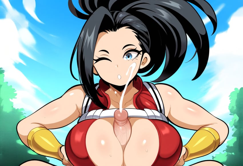 1boy 1girls ai_generated blue_eyes boobjob city cum cumshot ejaculation female large_breasts momo_yaoyorozu mullon my_hero_academia novelai paizuri penis pov straight superheroine