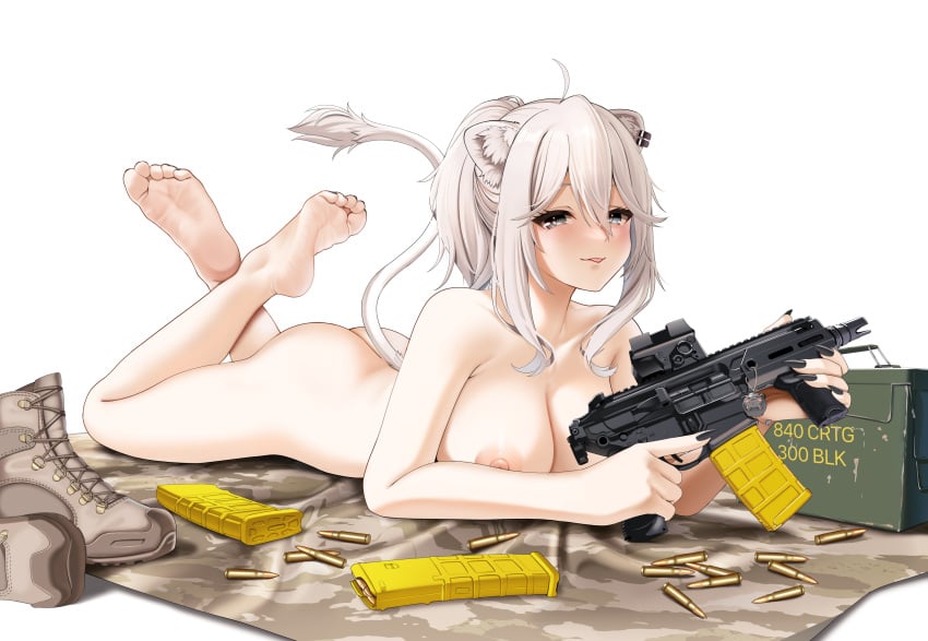 :p ammo ammo_box areolae ass bare_arms bare_ass bare_back bare_breasts bare_legs bare_midriff bare_shoulders bare_thighs barefoot big_breasts black_nail_polish blush boots casino_(casinoep) crossed_feet feet feet_up grey_eyes gun hololive hololive_japan looking_at_viewer lying_on_stomach nail_polish naked nekomimi nipples shishiro_botan silver_hair soles ssrb tail the_pose toes tongue tongue_out