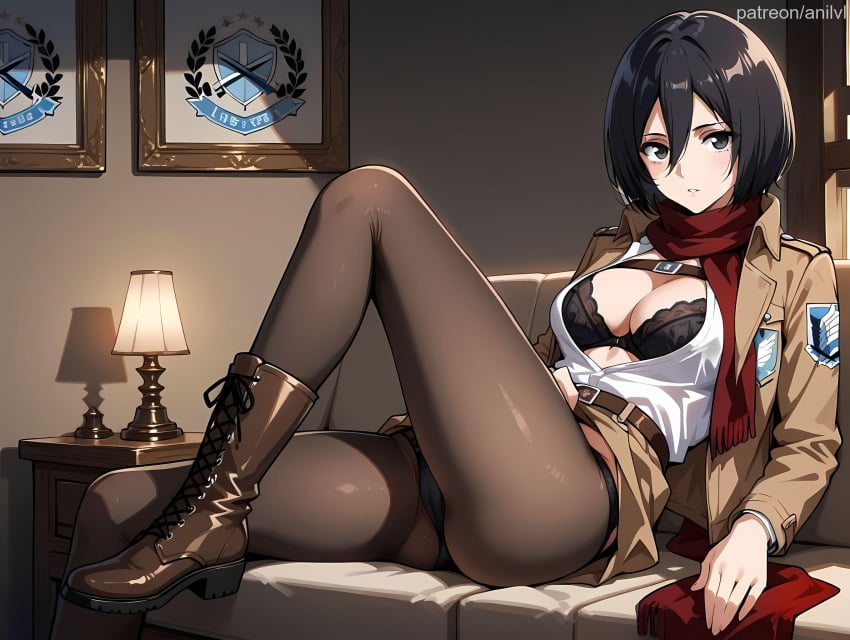 1girls ai_generated anilvl ass attack_on_titan bangs belt black_bra black_eyes black_hair black_panties black_pantyhose blush boots bra breasts brown_footwear brown_jacket brown_pantyhose buckle cameltoe cleavage clothes_lift collared_shirt couch cross-laced_footwear crotch_seam desk_lamp emblem hair_between_eyes indoors jacket knee_up lace_trim lamp large_breasts long_sleeves looking_at_viewer medium_breasts mikasa_ackerman on_couch open_clothes open_jacket open_shirt panties panties_under_pantyhose pantyhose paradis_military_uniform parted_lips picture_frame red_scarf scarf shirt short_hair sitting skirt skirt_lift solo survey_corps_(emblem) thighband_pantyhose thighs underwear uniform white_shirt