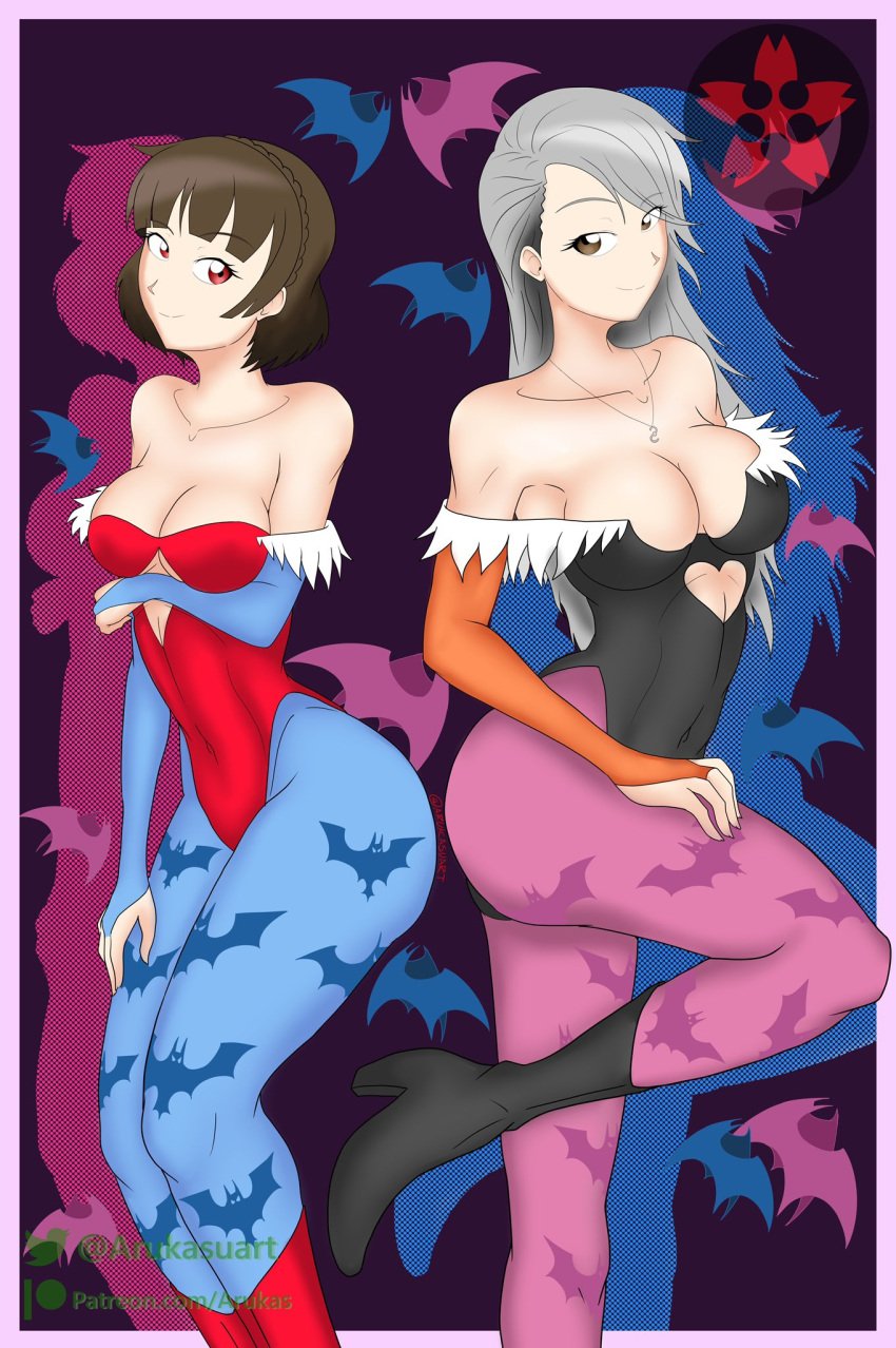 2girls arukas ass big_breasts breasts brown_eyes brown_hair cosplay darkstalkers female female_only large_breasts lilith_aensland_(cosplay) long_hair makoto_niijima medium_hair megami_tensei morrigan_aensland_(cosplay) multiple_girls persona persona_5 red_eyes sae_niijima silver_hair sisters