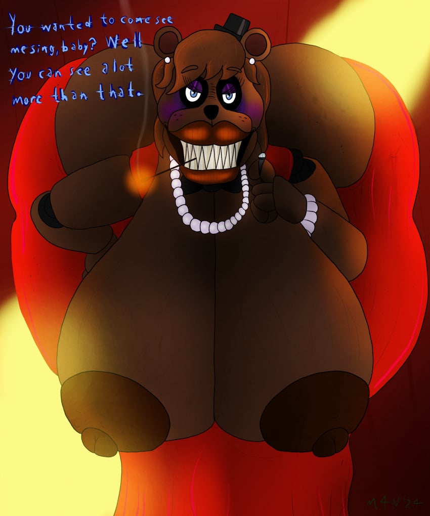 absurd_res age_difference aged_up android animatronic anthro areola ass ass_up bare_chest bear big_areola big_breasts big_butt big_nipples blush bracelet breasts brown_body brown_fur brown_hair brown_lips brown_lipstick cigarette cigarette_in_mouth clothed clothing creepy_face creepy_smile curtains curvy_anthro curvy_female curvy_figure cybernetics cyborg dialogue diamond_(gem) diamond_ring dress ear_piercing ear_ring elderly eyelashes eyeliner female five_nights_at_freddy's freddy_(fnaf) fur gem hair hand_on_breast hand_on_chest hand_on_hip hat headgear headwear hi_res horror_(theme) huge_areola huge_breasts huge_butt huge_nipples hyper hyper_areola hyper_breasts hyper_nipples jewelry lips lipstick looking_at_viewer m4n machine makeup mammal montgomery_glands mostly_nude necklace nipples object_in_mouth older_anthro older_female open_dress orange_light orange_lips orange_lipstick pearl_(gem) pearl_necklace piercing red_clothing red_dress ring ring_piercing robot rule_63 scary scottgames sharp_teeth skimpy smile smiling_at_viewer smoke smoking_pipe solo stage stage_lights talking_to_viewer teeth thick_bottom_lip thick_lips thick_thighs top_hat vein veiny_breasts wide_hipped_anthro wide_hipped_female wide_hips wrinkles