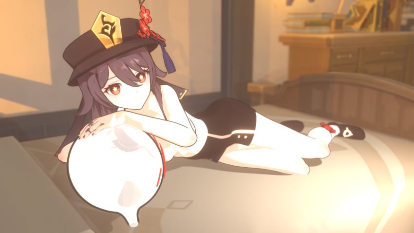 3d bed bedroom black_nails boo_tao_(genshin_impact) brown_hair female_only full_body genshin_impact ghost hat hu_tao_(genshin_impact) lying_on_bed nude petite red_eyes rings sansonnsfw shorts small_breasts thighs twintails