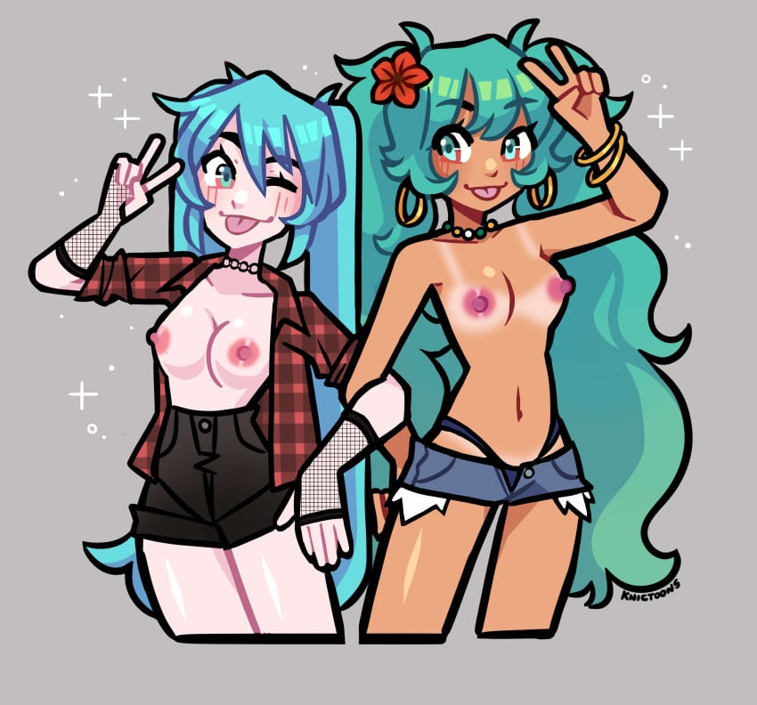 2girls :p arms_linked belly bikini_bottom blue_eyes blue_hair blush blushing boobs_out brazilian brazilian_miku breasts breasts_out cropped_legs earrings female_only fishnet_armwear flannel flower_in_hair hatsune_miku jewelry knic_toons looking_at_viewer necklace peace_sign perky_breasts short_shorts shortstack small_waist standing tan tan_body tanline thong tongue_out turquoise_hair twintails vocaloid wink winking_at_viewer