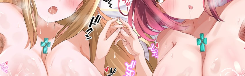 2girls armpits bed_sheet blonde_hair blush breasts commentary_request core_crystal core_crystal_(xenoblade) embarrassed hair_ornament holding_hands large_breasts long_hair lying multiple_girls mythra_(xenoblade) nintendo nipples open_mouth pyra_(xenoblade) red_eyes red_hair ryunosu_(ryunosu1111) short_hair upper_body wet xenoblade_(series) xenoblade_chronicles_(series) xenoblade_chronicles_2 yellow_eyes