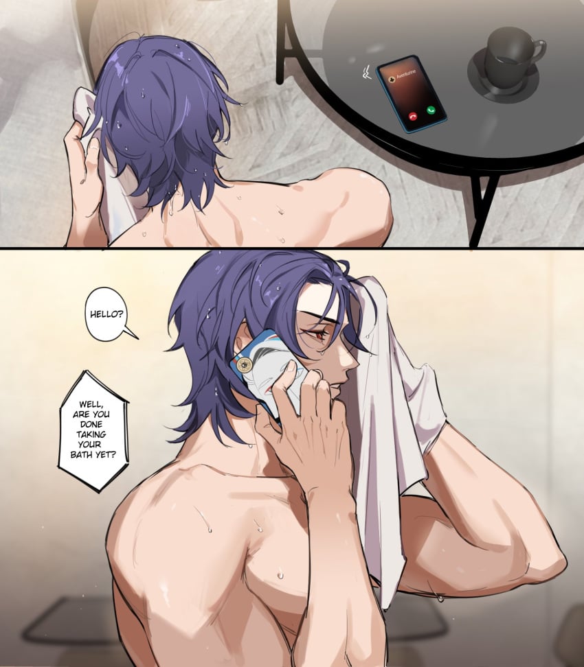 2boys abs aventurine_(honkai:_star_rail) blush blush comic comic_panel dr._ratio_(honkai:_star_rail) english_text fapping gay honkai:_star_rail jerking muscular muscular_male nipple_piercing pants_down penis_piercing phone phone_call phone_sex shirt_lift towel yaoi yukaero4