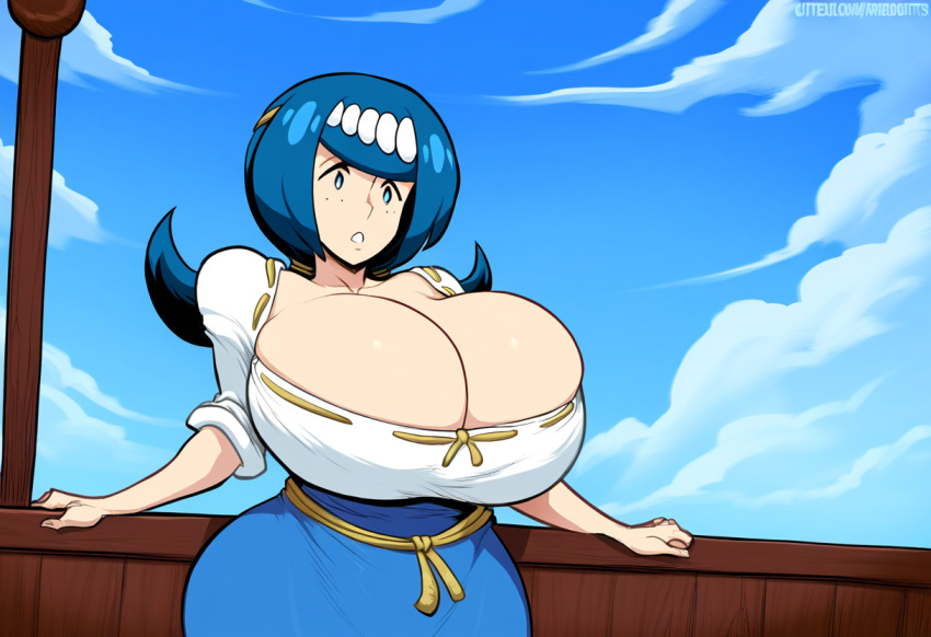 1girls ai_generated blue_eyes blue_hair cleavage clothed day female female_only huge_ass huge_breasts lana&#039;s_mother_(pokemon) mature_female milf mullon no_bra novelai pokemon pokemon_sm revealing_clothes solo top_heavy