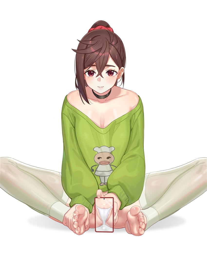 absurdres ayase_momo barefoot black_choker blush brown_eyes brown_hair cellphone cellphone_photo choker collarbone covered_pussy crossed_bangs dandadan feet female full_body green_shirt gyaru hair_between_eyes hair_ornament hair_scrunchie highres holding holding_phone leggings long_sleeves looking_at_viewer loose_clothes loose_shirt medium_hair micro_panties panties parted_lips phone print_shirt pussy pussy_peek red_scrunchie scrunchie shirt simple_background sitting smartphone soles solo spread_legs stirrup_legwear taking_picture thighhighs toeless_legwear toes underwear white_background white_panties white_thighhighs yizhirenben