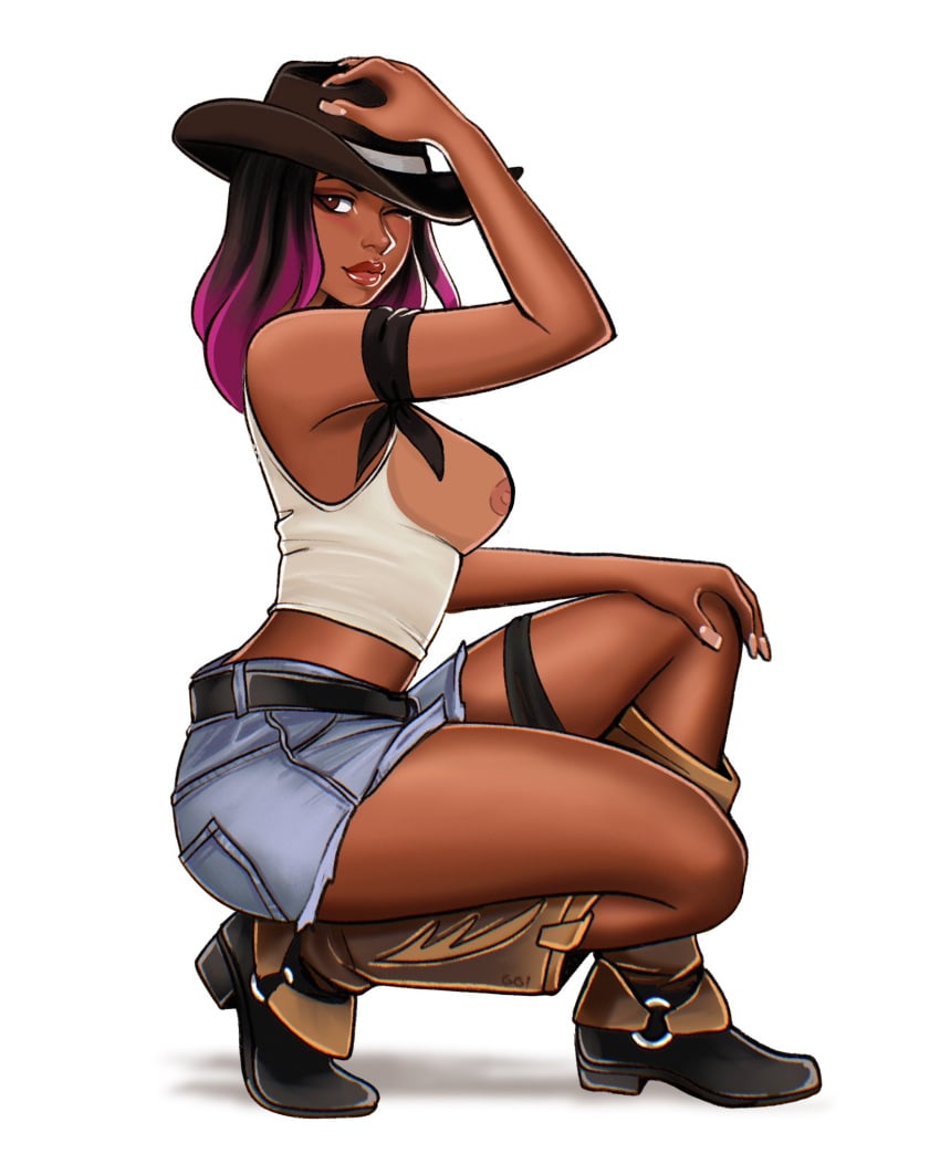 1girls artist_name_removed boob_window breasts breasts_out brown_eyes brown_hair calamity_(fortnite) cowboy_hat dark-skinned_female dark_skin edit fortnite fortnite:_battle_royale nudifydraws one_eye_closed one_knee_up poorly_edited