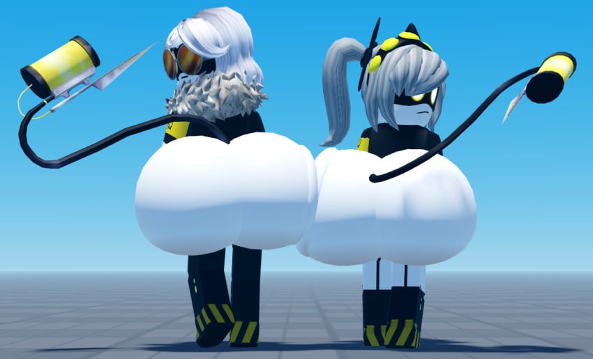 clothing female_only huge_ass j_(murder_drones) looking_at_viewer massive_ass murder_drones roblox smaller_female sunglasses taller_female v_(murder_drones)