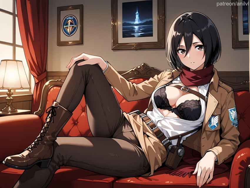 1girls ai_generated anilvl attack_on_titan bangs belt black_bra black_eyes black_hair black_pants blush bob_cut boots bra breasts brown_belt brown_eyes brown_footwear brown_jacket brown_pants buckle cleavage collared_shirt couch cross-laced_footwear curtains emblem foot_out_of_frame hair_between_eyes hand_on_own_knee harness holster indoors jacket knee_up lace-trimmed_bra lace-up_boots lace_trim lamp large_breasts long_sleeves looking_at_viewer lying medium_breasts mikasa_ackerman on_couch open_clothes open_jacket open_shirt painting_(object) pants paradis_military_uniform parted_lips partially_unbuttoned picture_(object) picture_frame reclining red_scarf scarf shirt short_hair sitting solo survey_corps_(emblem) underwear uniform weapon white_shirt window