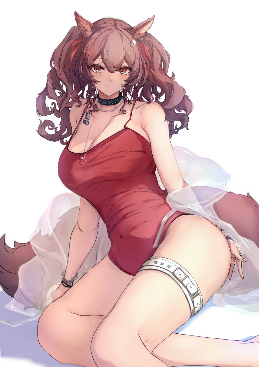 1girls angelina_(arknights) angelina_(summer_flowers)_(arknights) animal_ears arknights bare_shoulders big_breasts blush bracelets brown_hair cleavage collar collarbone female female_only hair_ribbon highres infection_monitor_(arknights) kemonomimi knees legs light-skinned_female light_skin looking_at_viewer medium_hair navel_visible_through_clothes necklace one-piece_swimsuit oripathy_lesion_(arknights) red_eyes red_one-piece_swimsuit red_swimsuit smile solo swimsuit tail thigh_strap thighs twintails white_background y7_mariko