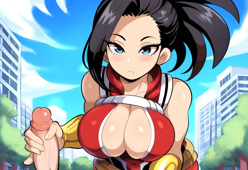 1boy 1girls ai_generated blue_eyes city female handjob large_breasts momo_yaoyorozu mullon my_hero_academia novelai penis pov straight superheroine