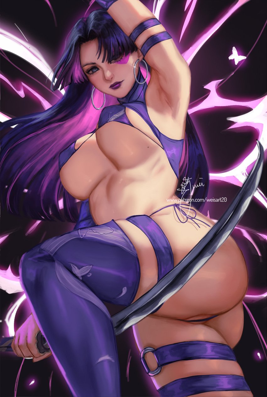 1girls armpits arms_up big_ass big_breasts breasts female female_only light-skinned_female marvel marvel_rivals micro_bikini psylocke psylocke_(marvel_rivals) sai_(marvel) thick_thighs vengeance_psylocke weisart