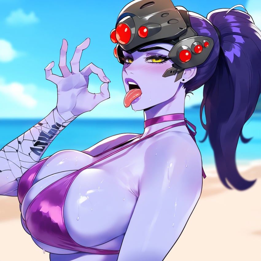 ai_generated breasts curvy dark-skinned_male dark_skin head-mounted_display huge_breasts juuicyai large_breasts long_hair massive_breasts narrow_waist overwatch overwatch_2 purple_hair thick_thighs wide_hips widowmaker yellow_eyes