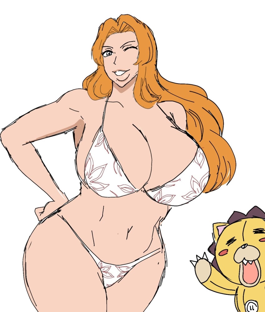 1boy 1girls 2d 2d_(artwork) bikini bleach blue_eyes curvy curvy_female curvy_figure eyelashes flat_colors hand_on_hip hips kon_(bleach) large_breasts long_hair matsumoto_rangiku momiji_(artist) navel one_eye_closed orange_hair smiling smiling_at_viewer stuffed_animal white_background wide_hips winking winking_at_viewer