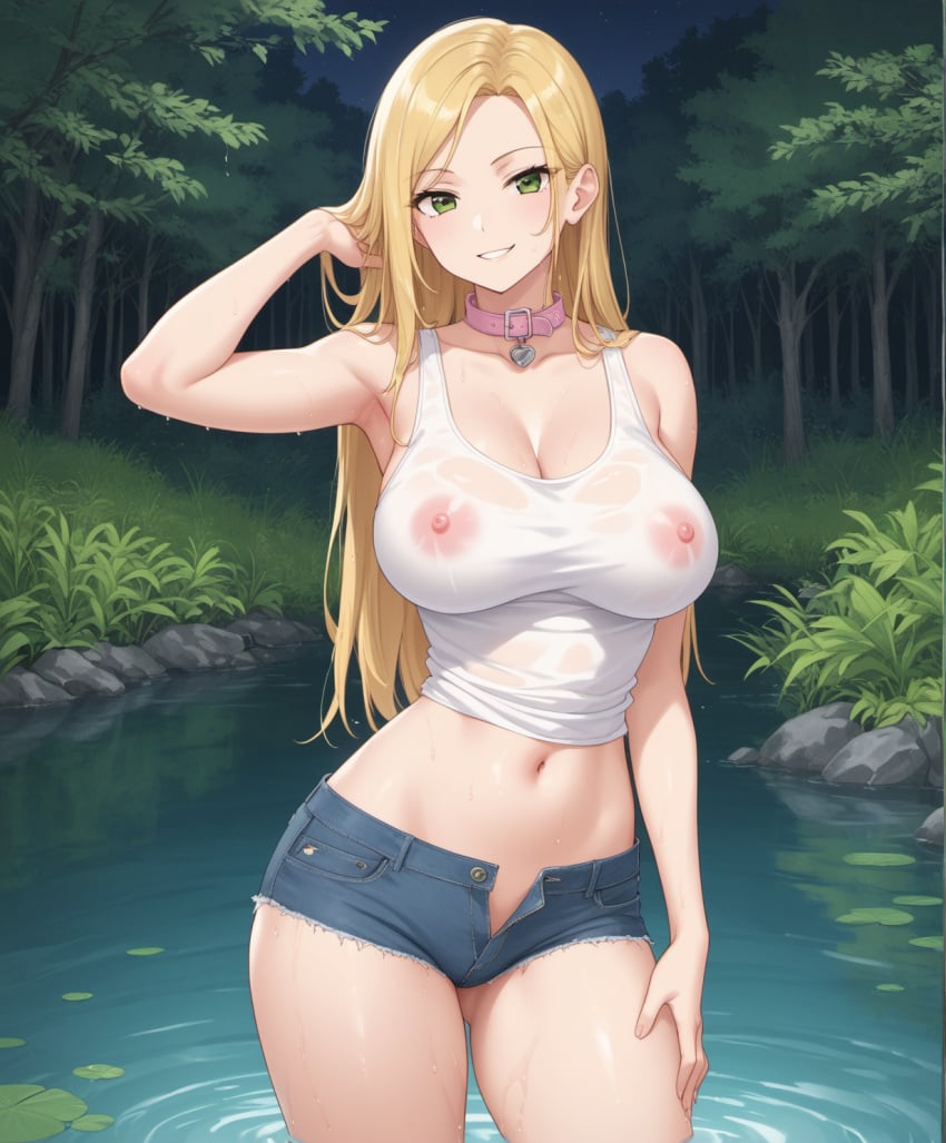 1woman adjusting_hair ai_generated blonde_hair blonde_hair booty_shorts denim denim_bottomwear denim_shorts forest forest_background friendly_expression green_eyes grin hand_on_thigh kuro_inazuma lake long_hair medium_breasts night night_sky scantily_clad skimpy_bottomwear skimpy_shorts slender slender_body solo solo_female solo_focus standing_in_water straight_hair tank_top unzipped_shorts visible_nipples wet_body white_tank_top