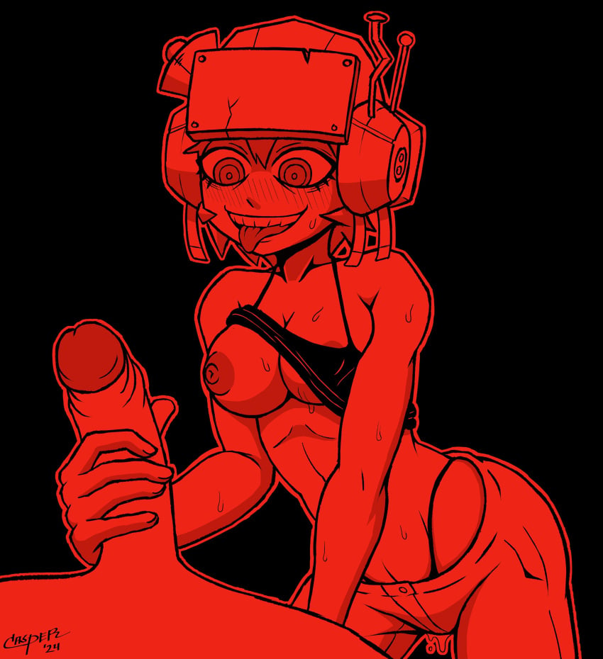 1boy 1boy1girl 1girls alternate_version_available big_penis black_background black_tank_top blush blush_lines breasts casper_(artist) hand_on_penis handjob headwear helmet hi_res nipples one_breast_out pants penis psychopomp_(fading_club) queen_of_venus_(psychopomp) red_body red_eyes red_hair red_headwear sweat sweatdrop tagme tank_top thong tongue tongue_out wet wet_pussy