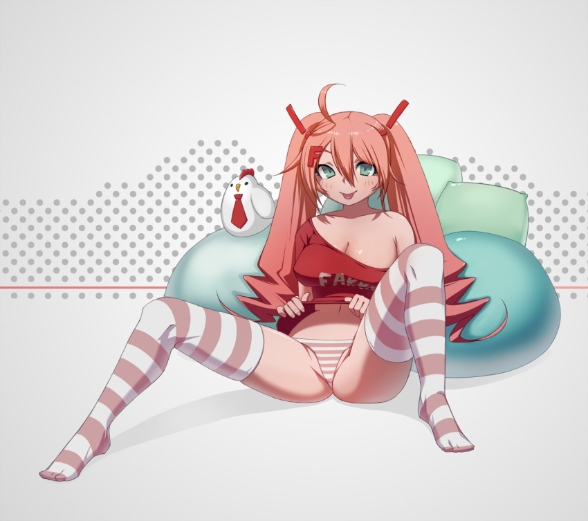 blush breasts chicken cleavage fakku female green_eyes hair_ornament kuroonehalf large_breasts long_hair looking_at_viewer mascot momoka_(fakku) navel necktie no_bra off_shoulder pillow pink_hair pun sitting solo striped striped_legwear striped_panties tied_hair tongue twintails