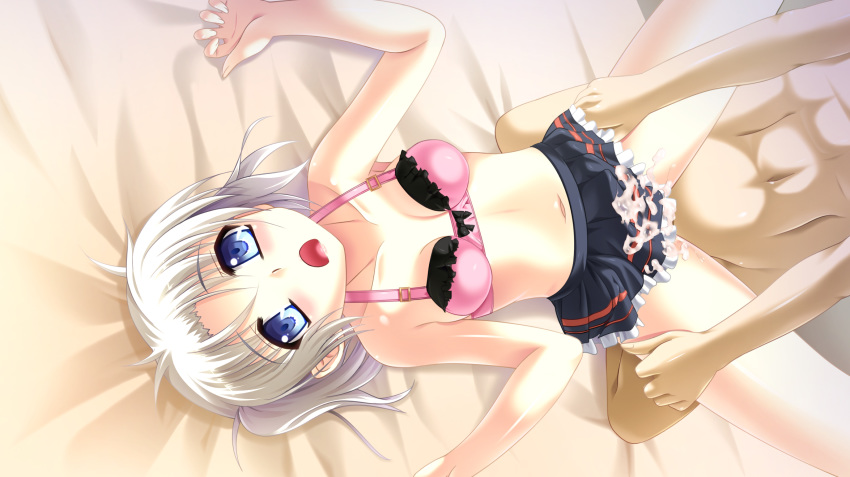 blue_eyes bra cum cum_on_clothes female highres kouichi_eiji navel original sex short_hair skirt solo_focus underwear white_hair