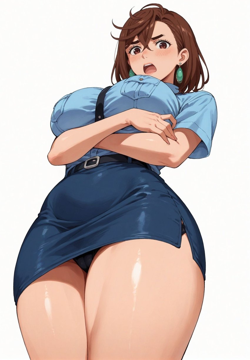 ai_generated alluring almost_naked almost_nude ayase_momo blush brown_eyes brown_hair dandadan earring earrings looking_at_viewer police police_officer police_uniform policewoman seducing seduction seductive seductive_body seductive_eyes seductive_gaze seductive_look seductive_mouth seductive_pose shiny_hair shiny_skin short_hair shoulder_length_hair skin_tight skintight skintight_clothes skintight_clothing thick_thighs voluptuous voluptuous_female yashin