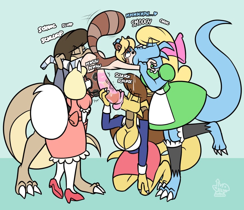 1boy 2d 2d_(artwork) 4girls alice_(jamearts) black_lips black_lipstick blonde_hair blowjob blue_body bowtie breasts brown_body brown_hair claws closed_eyes diana_(jamearts) dinosaur_girl dog_ears dog_girl dog_tail dragon_girl dragon_tail dress furry heels hips holding_ankles holding_wrists jamearts kiss_mark kissing kissing_ass kissing_testicles kneeling kneesocks lifting_person long_hair multiple_girls penis pink_bowtie pink_lips pink_lipstick pointy_ears rebecca_(jamearts) saliva saliva_trail sasha_(jamearts) scalie size_difference skirt sucking_penis surrounded_by_women tail tanuki testicles white_fur yellow_body