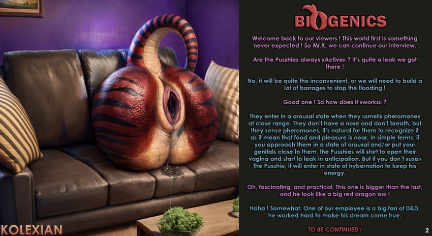 ai_assisted aroused ass ass_focus big_pussy black_stripes concept couch creature critter description deviantart_username dragon_tail genetic_engineering hybrid hybrid_creation indoors interview kolexian labia labia_minora living_sex_toy lizard_tail not_ai_generated original patreon_username pheromones pussy pussy_juice pussy_juice_drip pussy_juice_leaking pussy_juice_puddle pussy_juice_trail red_scales scaled_pussy science scientific_experiment signature story table text updated