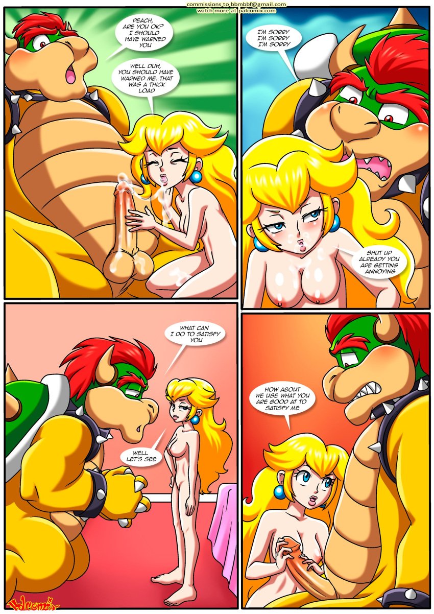 1boy 1girls annoyed balls barefoot bbmbbf bed blowjob blush bowser breasts comic cum cum_in_mouth cum_inside cum_on_balls cum_on_breasts cum_on_face cum_on_penis female handjob male male/female mario_(series) masturbation nintendo nipples nude on_knees palcomix penis princess_peach sex submissive_male the_mushroom_kingdom_secret_(comic)