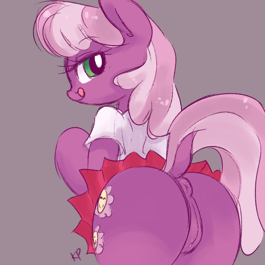 2014 anus ass cheerilee_(mlp) clothing cutie_mark earth_pony equine female female_only friendship_is_magic fur furry green_eyes hair horse kinkypinkie mammal my_little_pony plain_background pony presenting presenting_hindquarters purple_fur pussy raised_tail skirt smile solo two_tone_hair upskirt