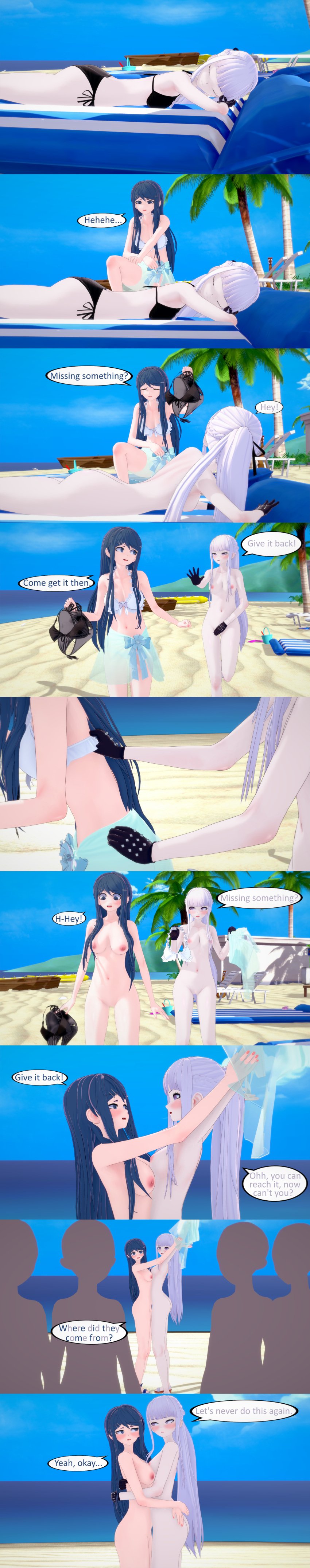 2girls 3d ass assisted_exposure beach breasts danganronpa english_text female female_focus human kirigiri_kyouko koikatsu maizono_sayaka multiple_girls pussy tagme text ultimateenf