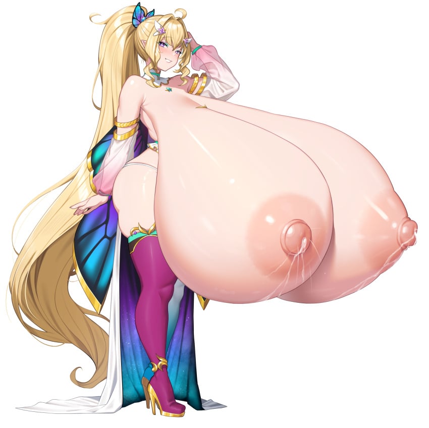 blonde_hair butterfly_hair_ornament female female_only huge_breasts hyliavt hyper_breasts lactating lactation looking_at_viewer milk milking milking_breasts smile_at_viewer vtuber vtuberfanart vtubers