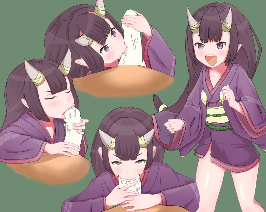 1boy black_hair censored closed_eyes fangs fellatio female green_background grimms_echoes highres horitail japanese_clothes kimono long_hair multiple_views onihime_(grimms_echoes) open_mouth oral penis_grab pointy_ears purple_eyes saliva simple_background solo_focus upper_body