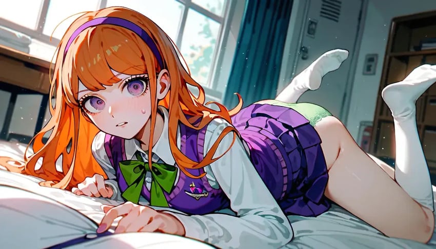 ai_generated button_down_shirt curious daphne_blake green_bowtie green_panties green_scarf kneehighs kneesocks looking_at_viewer nervous nervous_expression on_bed on_stomach orange_hair panties purple_skirt purple_vest reaching_towards_viewer red_hair scooby-doo scooby-doo_(series) style_imitation white_background white_button_down_shirt