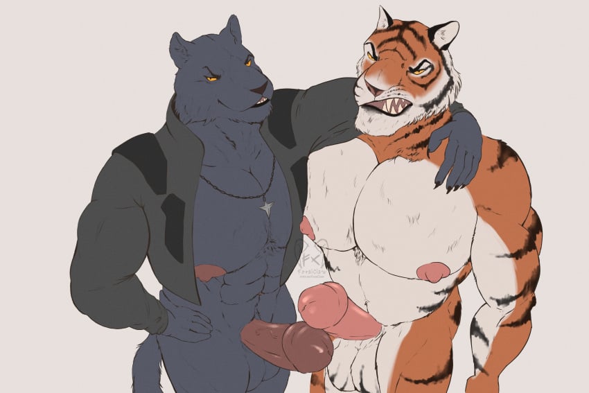 abs absurd_res anthro balls barazoku big_balls big_pecs big_penis black boss_koji_(fortnite) clothing duo epic_games exposed felid feralclaw fortnite game_(disambiguation) genitals hi_res invalid_color kissing koji looking_at_viewer male male/male mammal musclegut muscular muscular_male nipples nude oscar_(disambiguation) oscar_(fortnite) oscar_fortnite panthera pantherine pecs penis penis_kissing penis_touching presenting presenting_penis shower showing_(disambiguation) tiger undressing