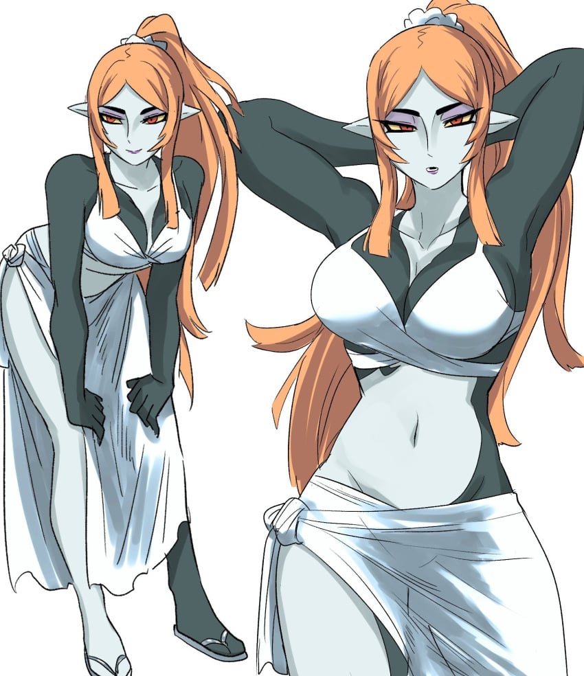 arms_up big_breasts flip_flops hands_behind_head hands_on_knees ilo_a5 looking_at_viewer midna ponytail red_eyes red_hair sandals tagme the_legend_of_zelda the_legend_of_zelda:_twilight_princess thin_waist twili twili_midna twilight_princess two_tone_body two_tone_skin white_background white_bra white_clothing yellow_sclera